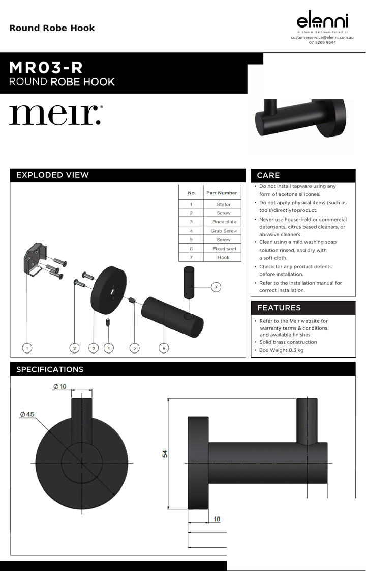 Round Robe Hook — specification sheet (Elenni)