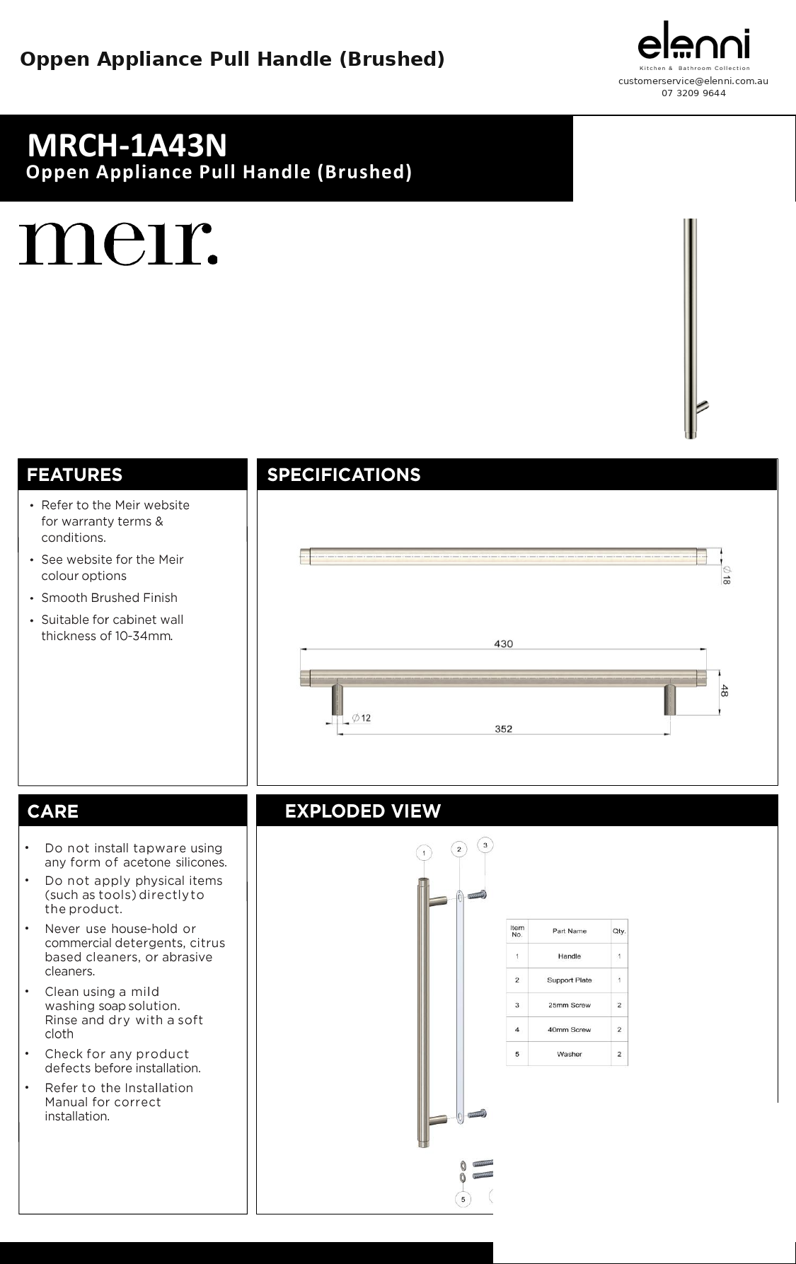 Oppen Appliance Pull Handle (Brushed) — specification sheet (Elenni)