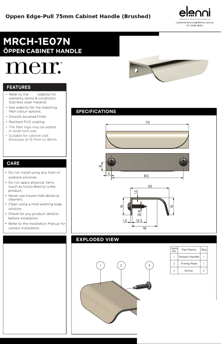 Oppen Edge-Pull 75mm Cabinet Handle (Brushed) — specification sheet (Elenni)