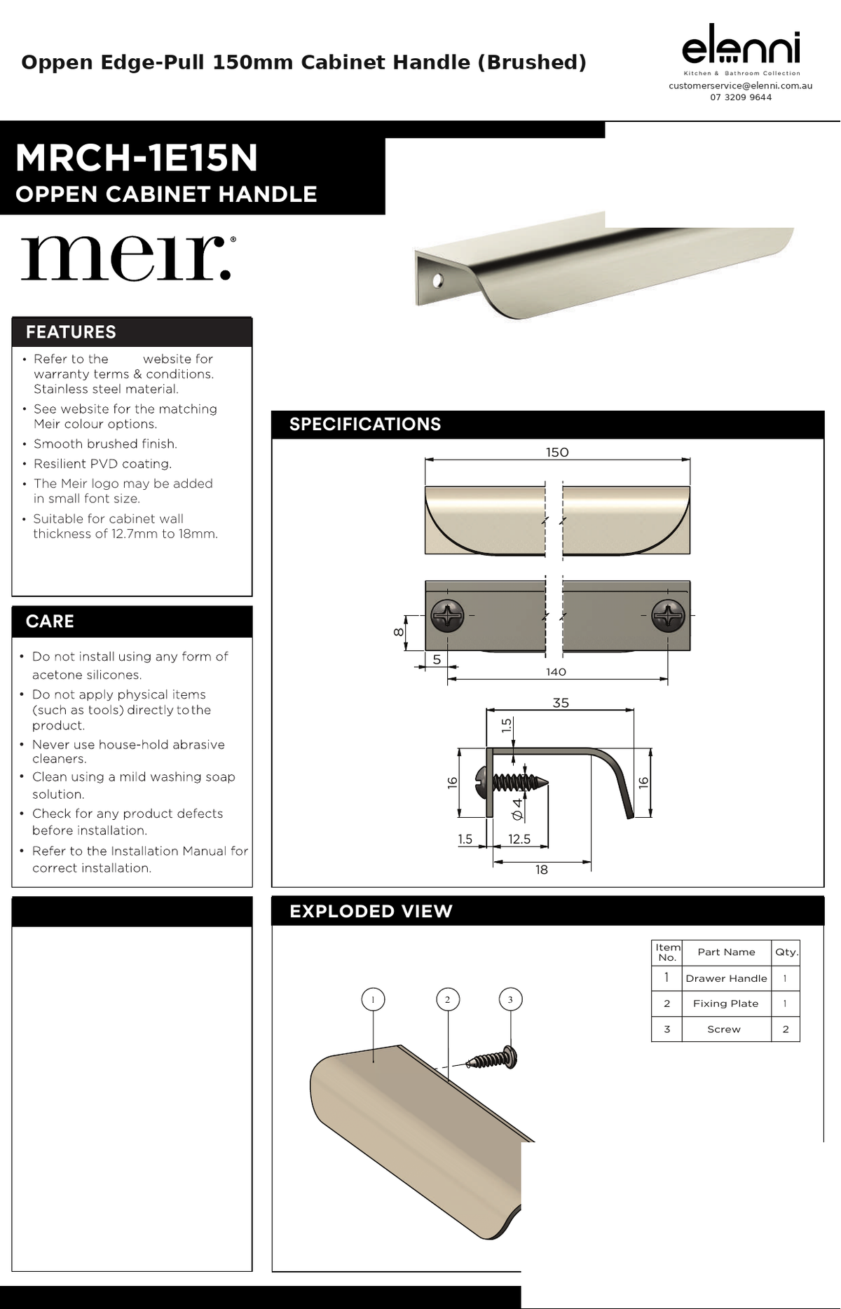 Oppen Edge-Pull 150mm Cabinet Handle (Brushed) — specification sheet (Elenni)