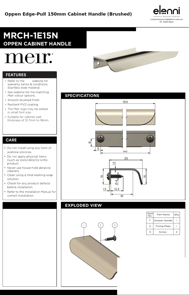 Oppen Edge-Pull 150mm Cabinet Handle (Brushed) — specification sheet (Elenni)