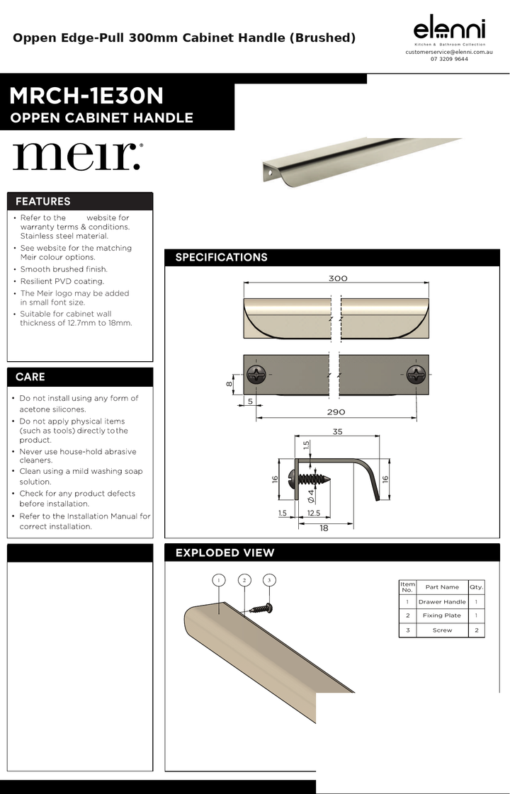 Oppen Edge-Pull 300mm Cabinet Handle (Brushed) — specification sheet (Elenni)