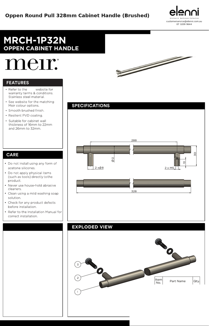 Oppen Round Pull 328mm Cabinet Handle (Brushed) — specification sheet (Elenni)