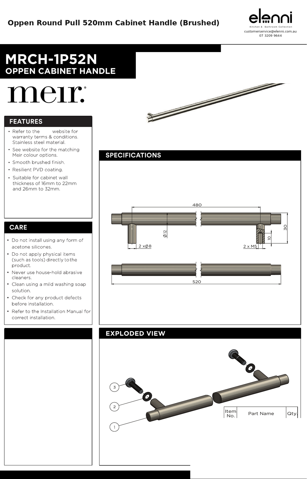 Oppen Round Pull 520mm Cabinet Handle (Brushed) — specification sheet (Elenni)