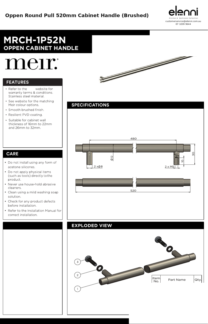 Oppen Round Pull 520mm Cabinet Handle (Brushed) — specification sheet (Elenni)