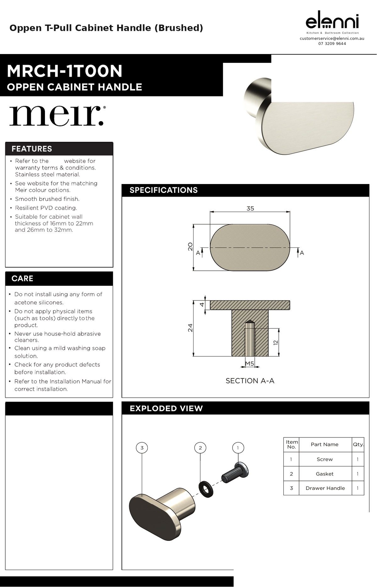 Oppen T-Pull Cabinet Handle (Brushed) — specification sheet (Elenni)