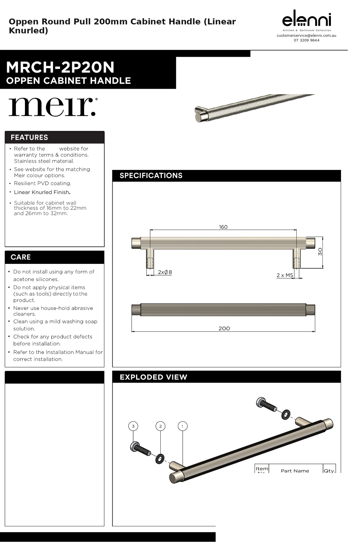 Oppen Round Pull 200mm Cabinet Handle (Linear Knurled) — specification sheet (Elenni)