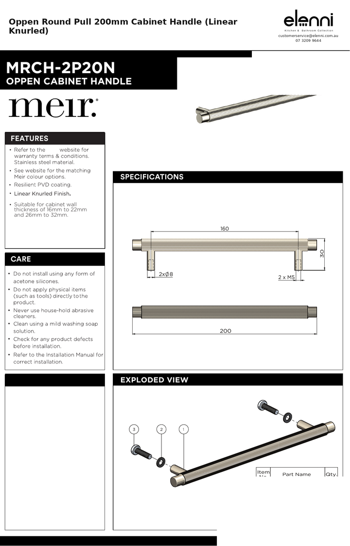 Oppen Round Pull 200mm Cabinet Handle (Linear Knurled) — specification sheet (Elenni)