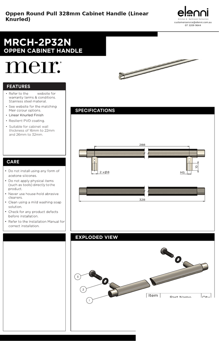 Oppen Round Pull 328mm Cabinet Handle (Linear Knurled) — specification sheet (Elenni)