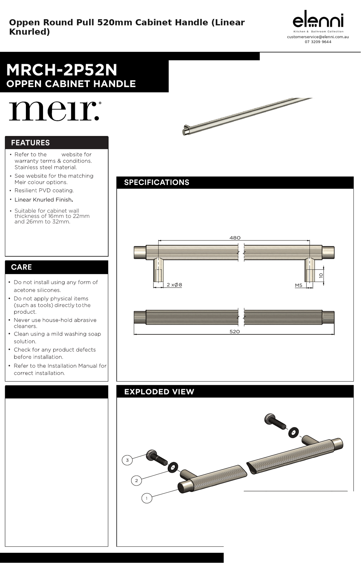 Oppen Round Pull 520mm Cabinet Handle (Linear Knurled) — specification sheet (Elenni)