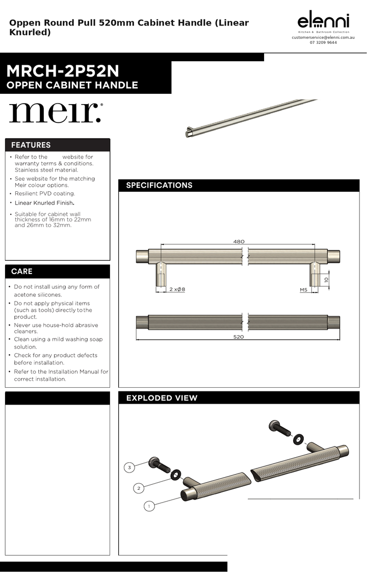 Oppen Round Pull 520mm Cabinet Handle (Linear Knurled) — specification sheet (Elenni)