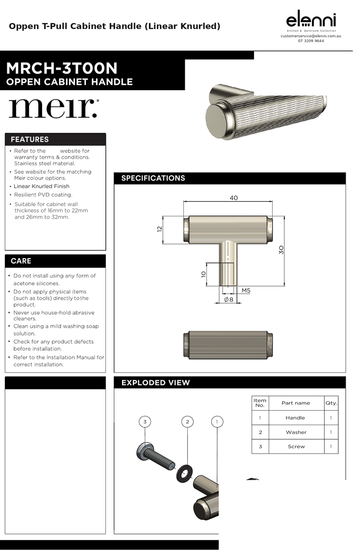 Oppen T-Pull Cabinet Handle (Linear Knurled) — specification sheet (Elenni)
