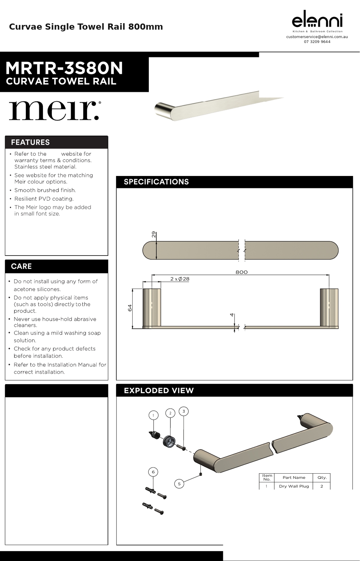 Curvae Single Towel Rail 800mm — specification sheet (Elenni)