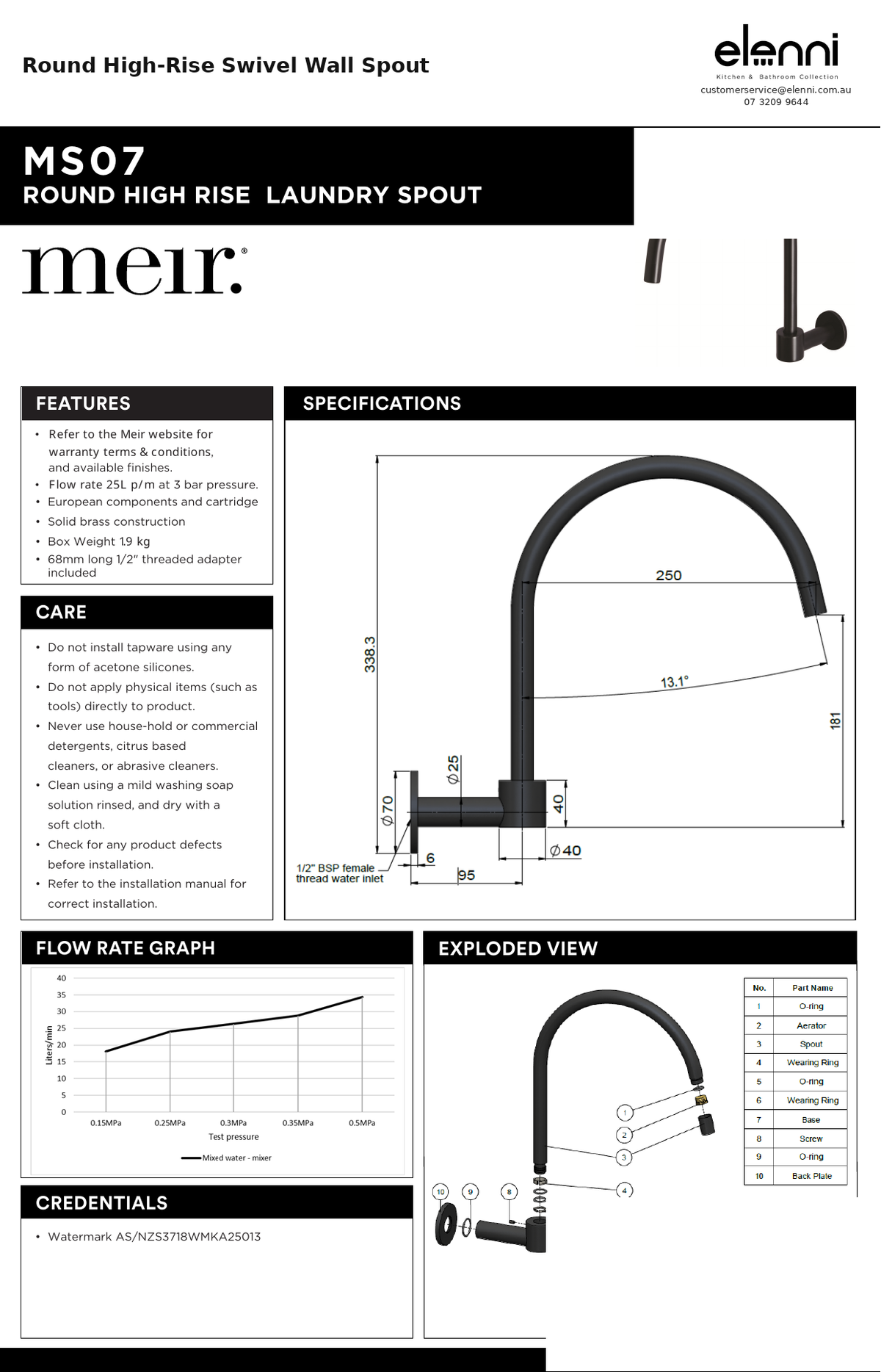Round High-Rise Swivel Wall Spout — specification sheet (Elenni)