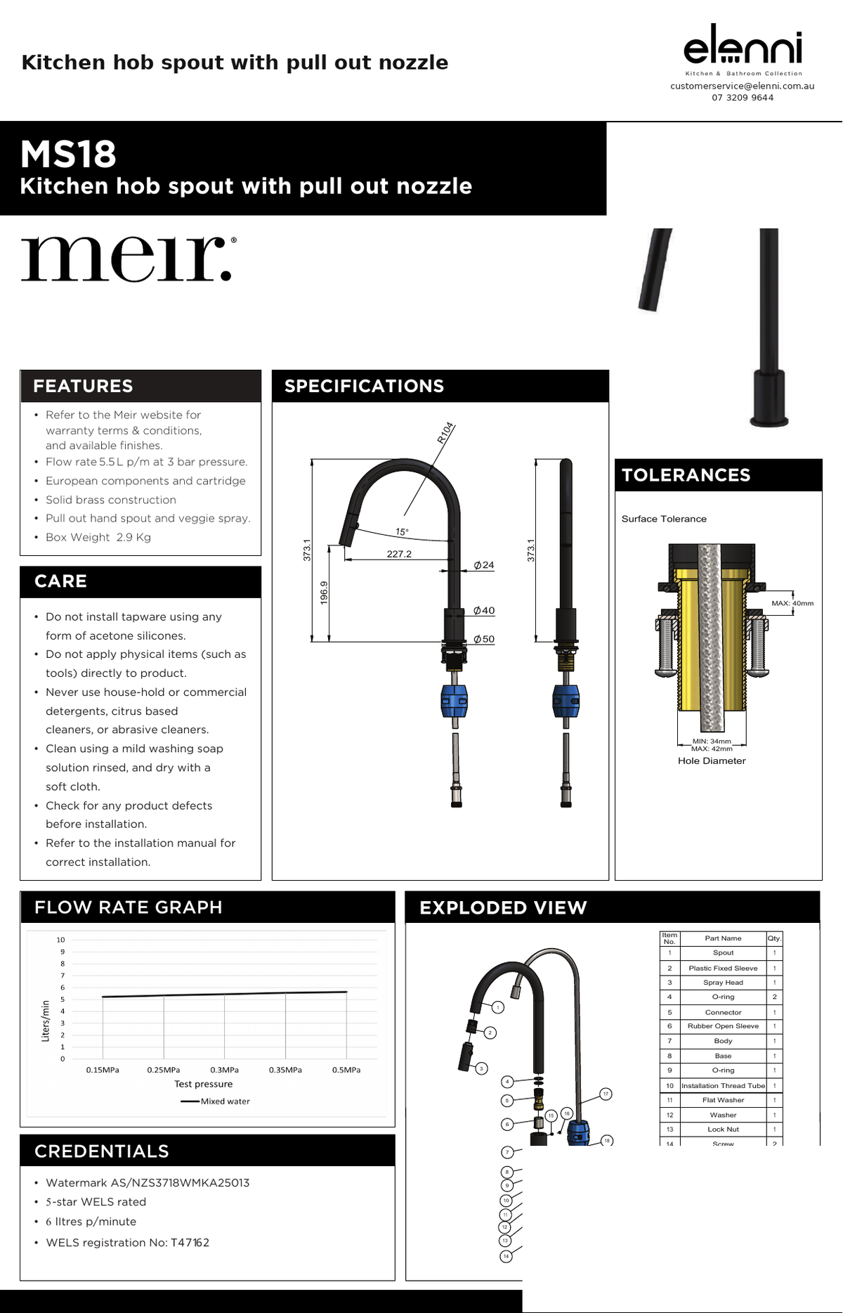 Kitchen hob spout with pull out nozzle — specification sheet (Elenni)