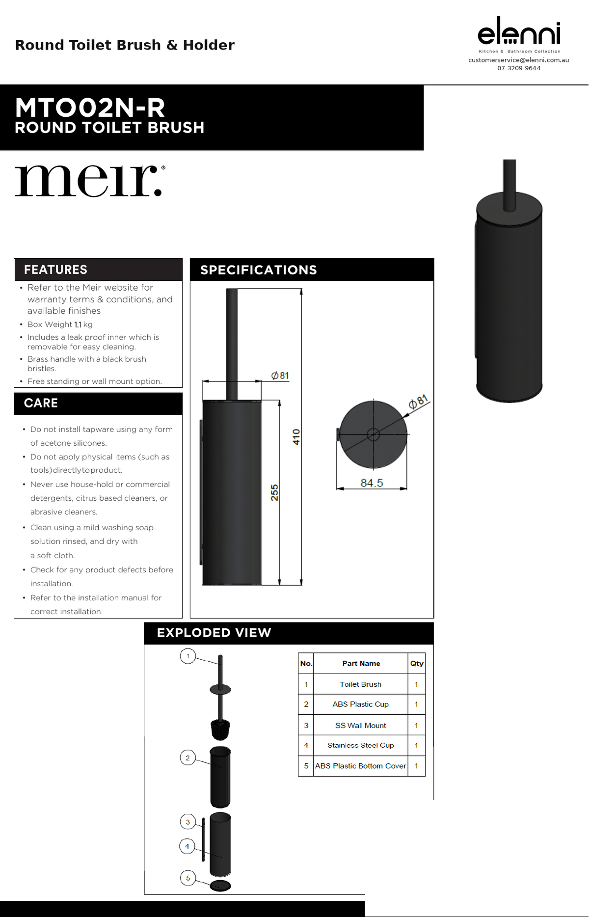 Round Toilet Brush &amp; Holder — specification sheet (Elenni)
