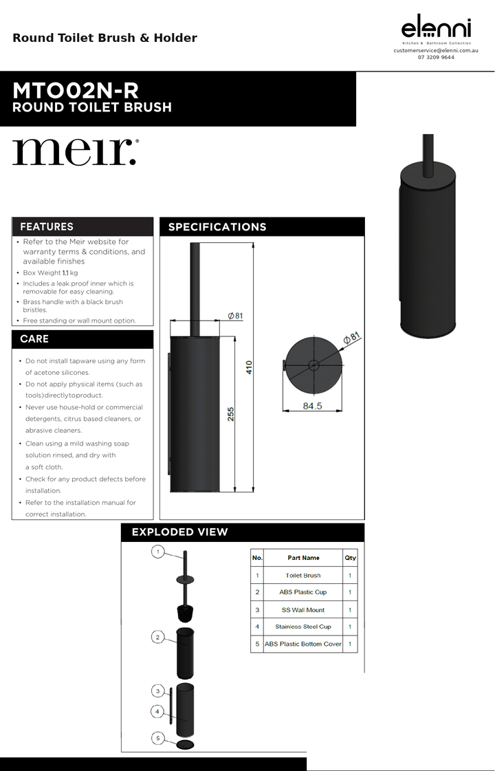 Round Toilet Brush &amp; Holder — specification sheet (Elenni)