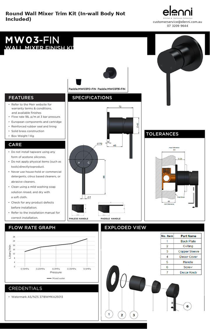 Elenni specification sheet - Round Wall Mixer Trim Kit (In-wall Body Not Included)