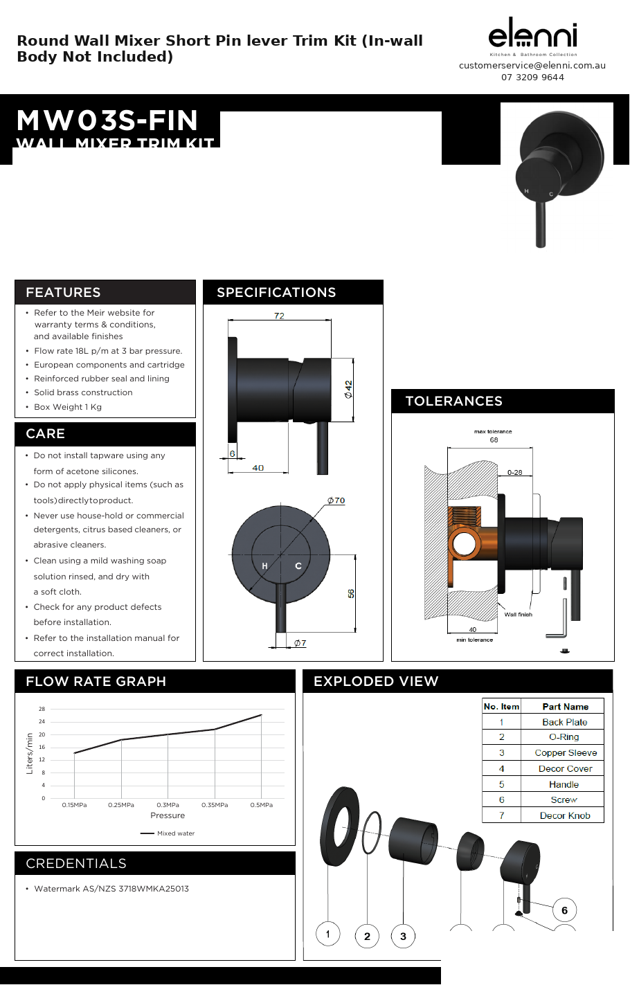 Elenni specification sheet - Round Wall Mixer Short Pin lever Trim Kit (In-wall Body Not Included)