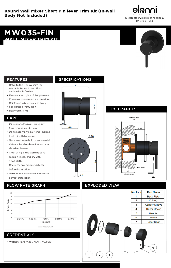Elenni specification sheet - Round Wall Mixer Short Pin lever Trim Kit (In-wall Body Not Included)
