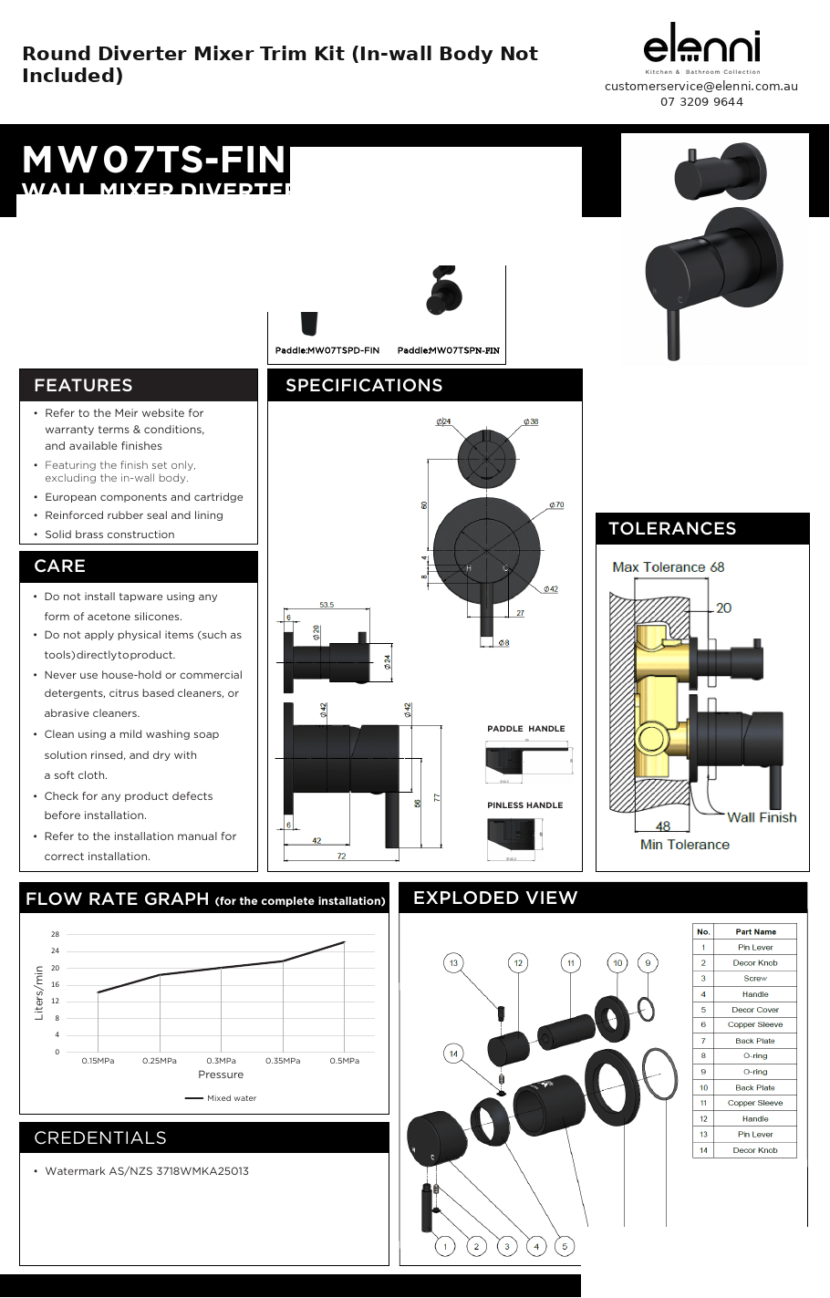 Elenni specification sheet - Round Diverter Mixer Pinless Handle Trim Kit (In-wall Body Not Included)