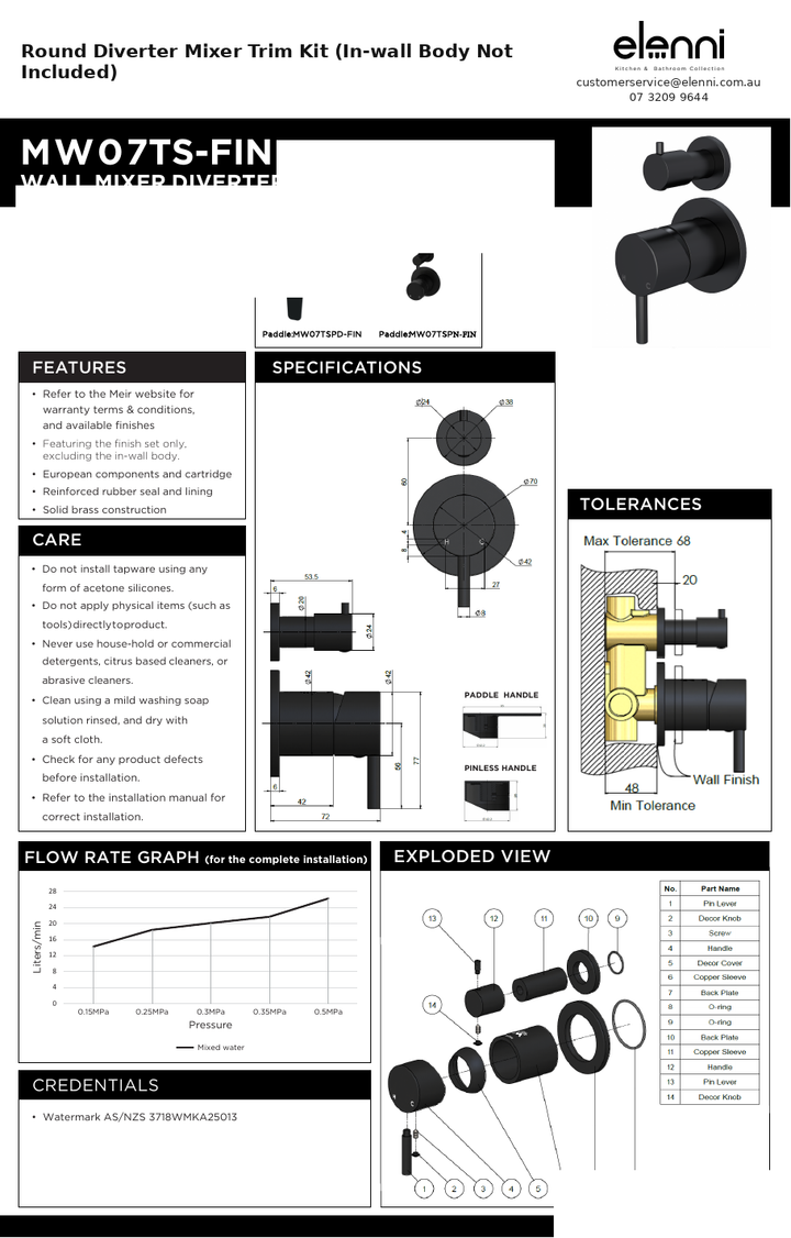 Elenni specification sheet - Round Diverter Mixer Pinless Handle Trim Kit (In-wall Body Not Included)