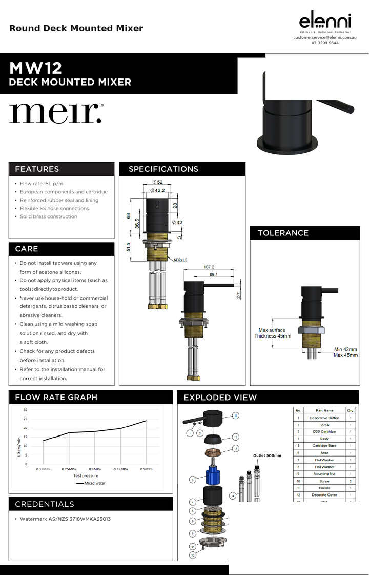 Round Deck Mounted Mixer — specification sheet (Elenni)