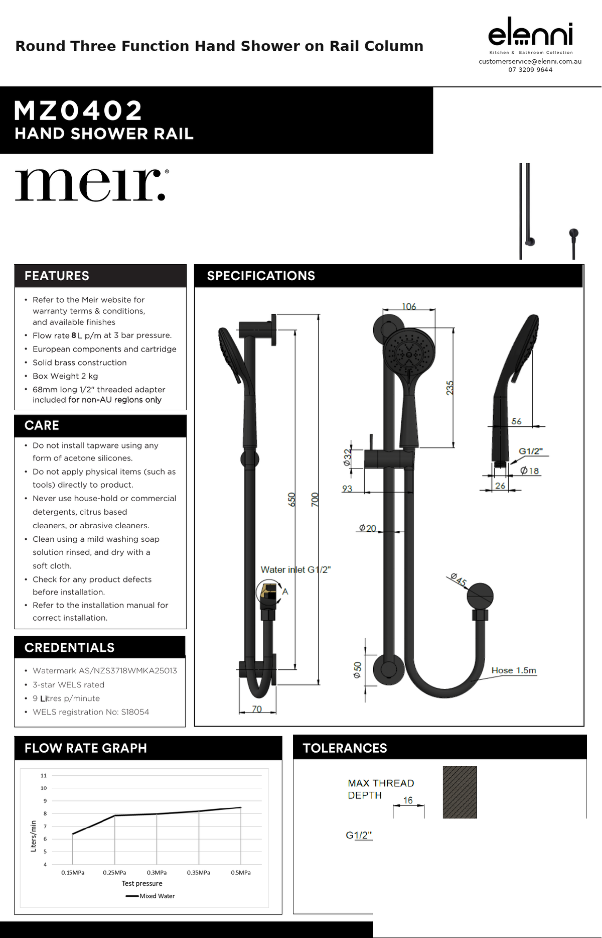 Round Three Function Hand Shower on Rail Column — specification sheet (Elenni)