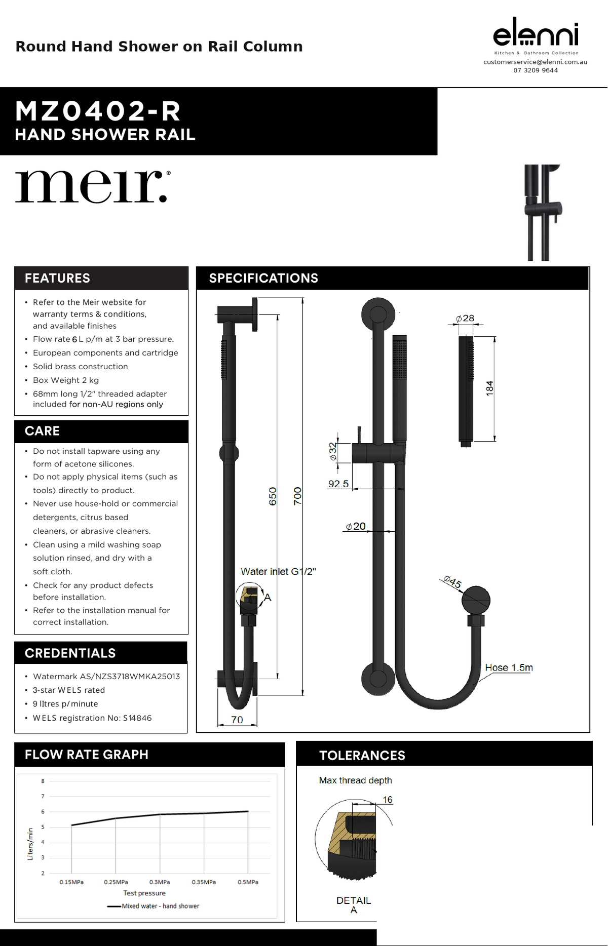 Round Hand Shower on Rail Column — specification sheet (Elenni)