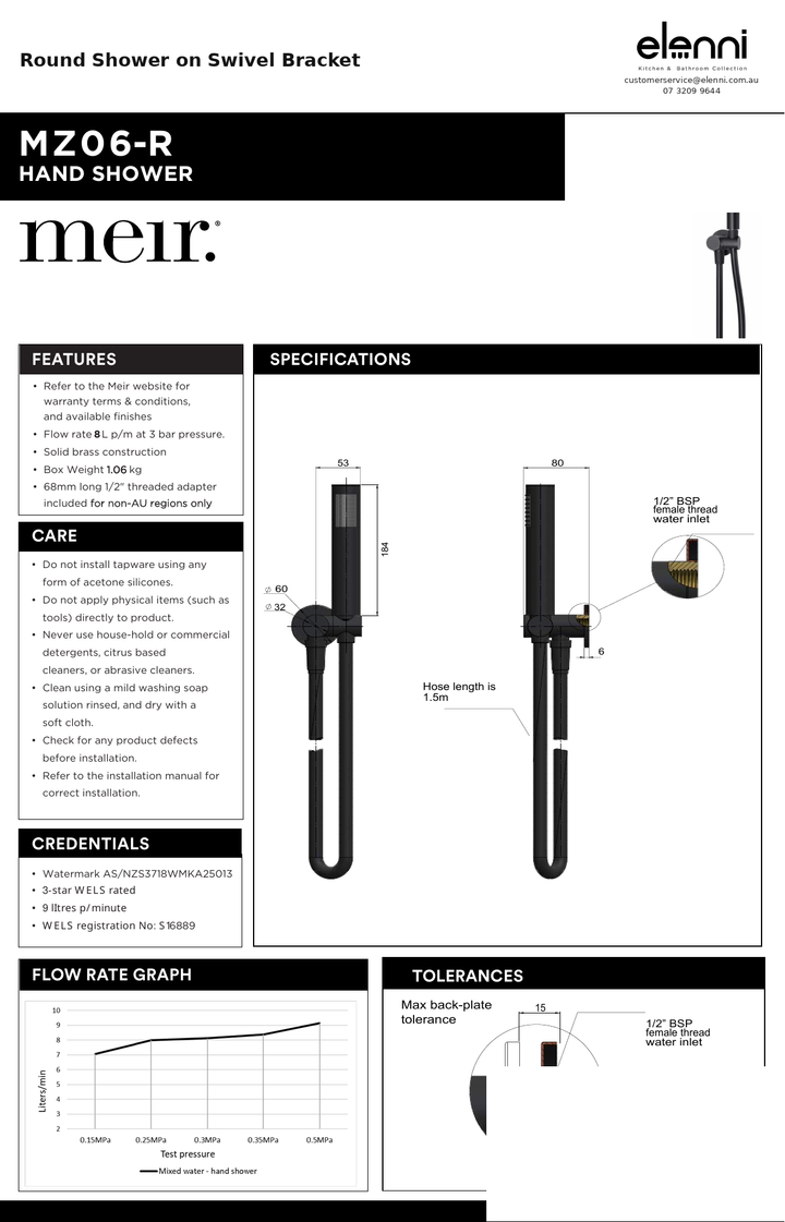 Round Shower on Swivel Bracket — specification sheet (Elenni)
