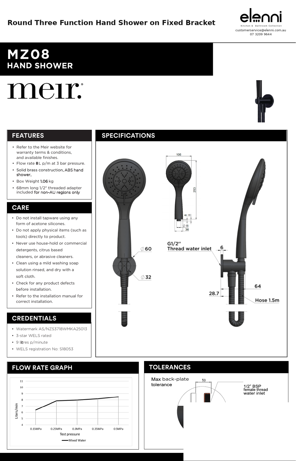 Round Three Function Hand Shower on Fixed Bracket — specification sheet (Elenni)