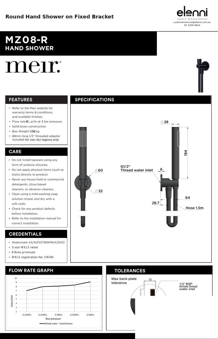 Round Hand Shower on Fixed Bracket — specification sheet (Elenni)