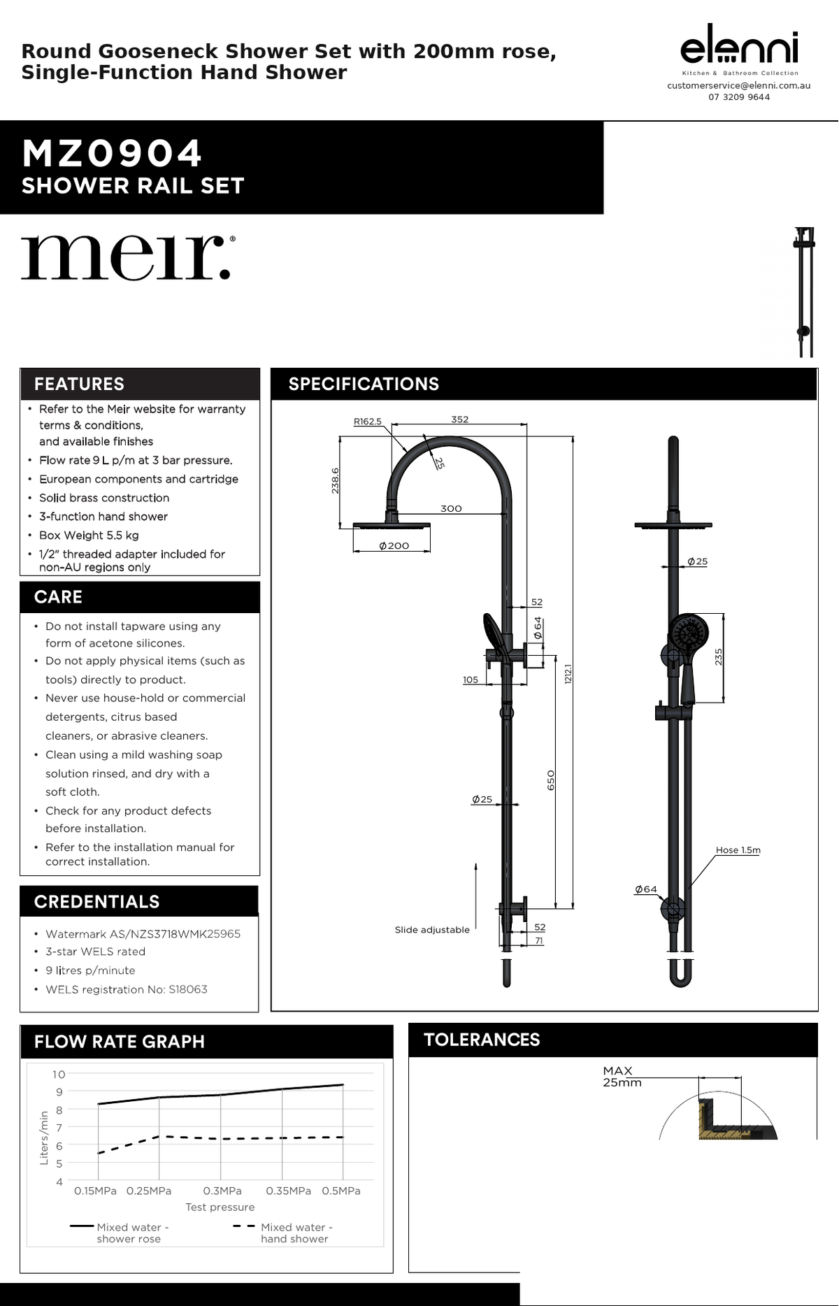 Round Gooseneck Shower Set with 200mm rose, Single-Function Hand Shower — specification sheet (Elenni)