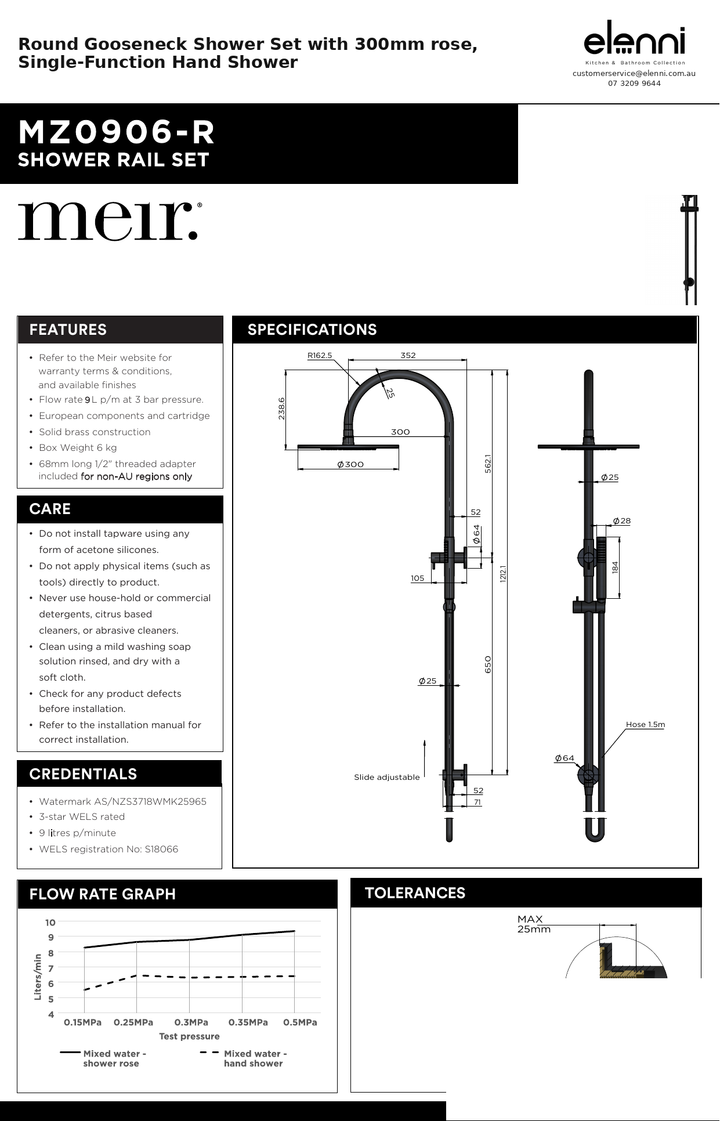 Round Gooseneck Shower Set with 300mm rose, Single-Function Hand Shower — specification sheet (Elenni)