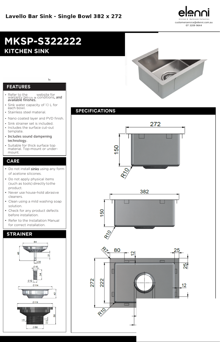 Lavello Bar Sink - Single Bowl 382 x 272 — specification sheet (Elenni)
