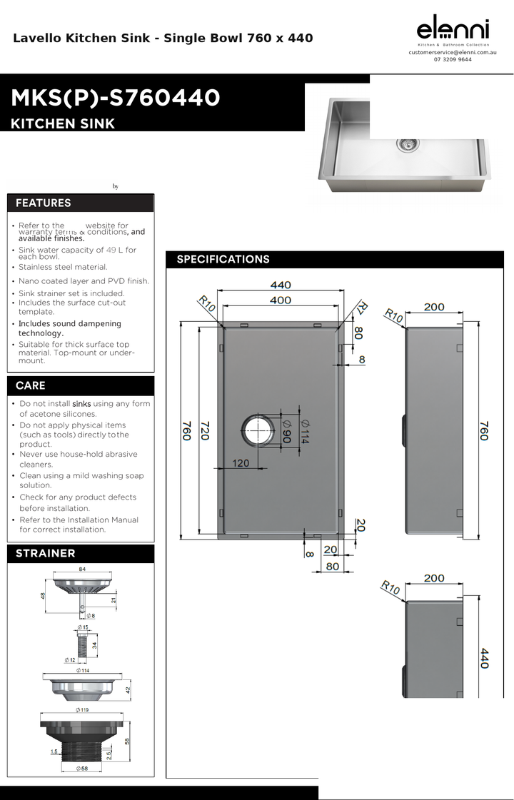 Lavello Kitchen Sink - Single Bowl 760 x 440 — specification sheet (Elenni)