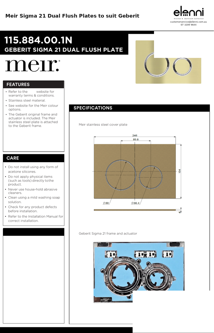 Meir Sigma 21 Dual Flush Plates to suit Geberit — specification sheet (Elenni)