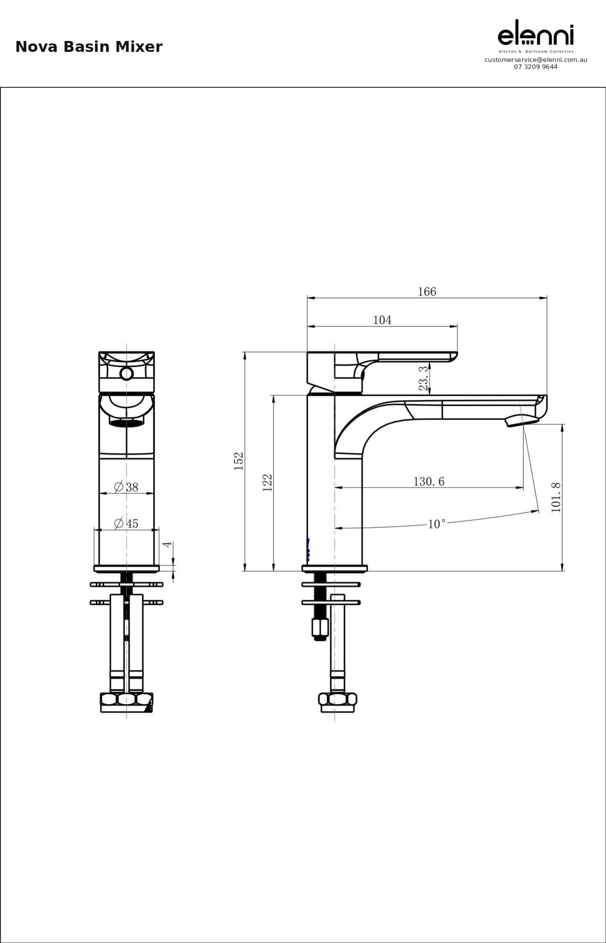 Nova Basin Mixer — specification sheet (Elenni)