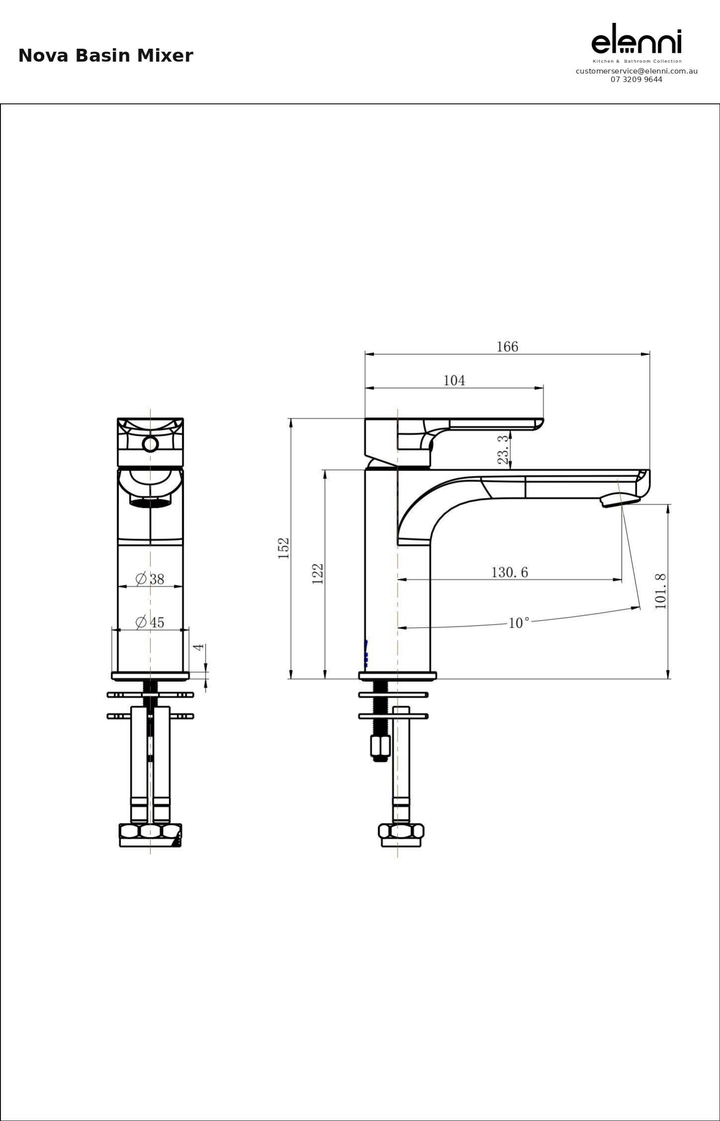 Nova Basin Mixer — specification sheet (Elenni)