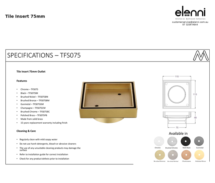 Tile Insert 75mm — specification sheet (Elenni)