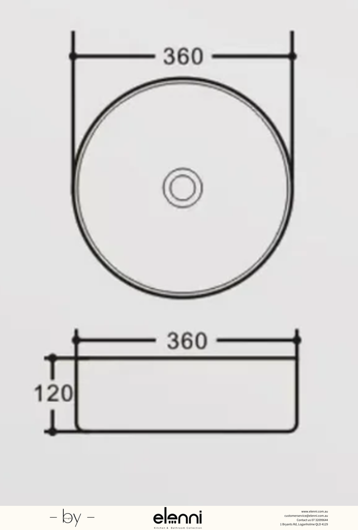 Above Counter Ceramic Basin 360 x 360 x 120mm - Matte White Elenni specification drawing