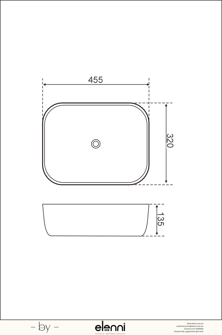 Above Counter Ceramic Basin 455 x 320 x 135mm - Gloss White Elenni specification drawing