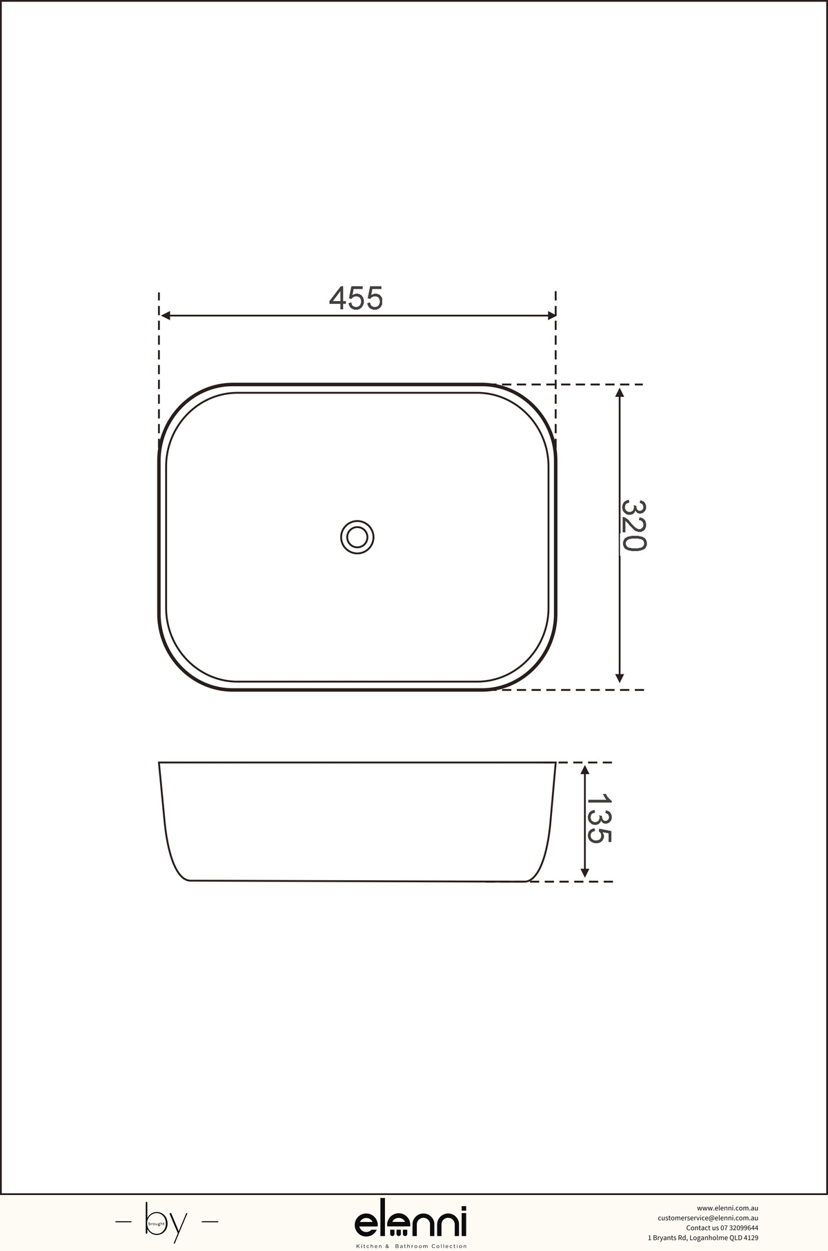 Above Counter Ceramic Basin 455 x 320 x 135mm - Matte White Elenni specification drawing