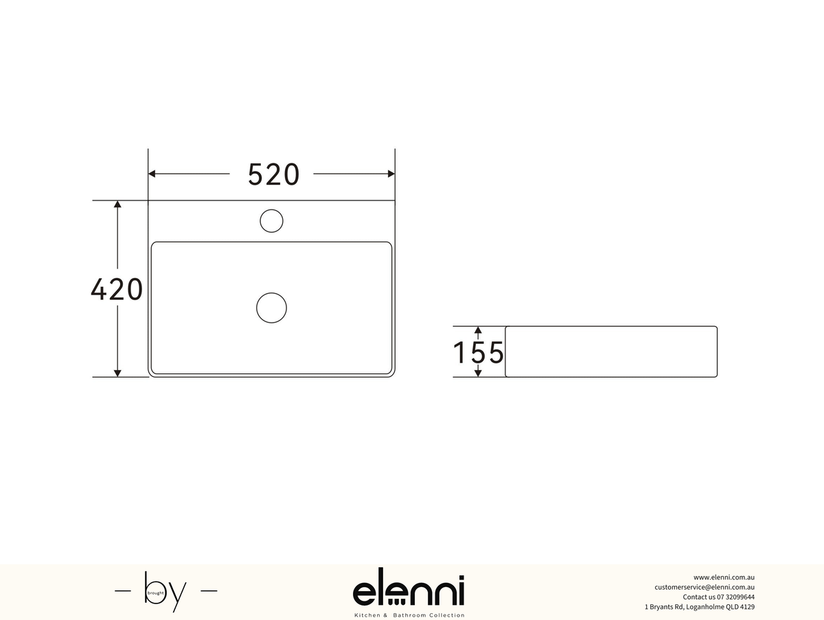 Above Counter Ceramic Basin 520 x 420 x 155mm - Gloss White Elenni specification drawing