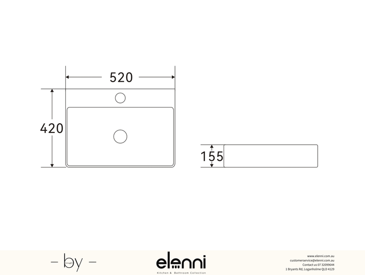 Above Counter Ceramic Basin 520 x 420 x 155mm - Gloss White Elenni specification drawing