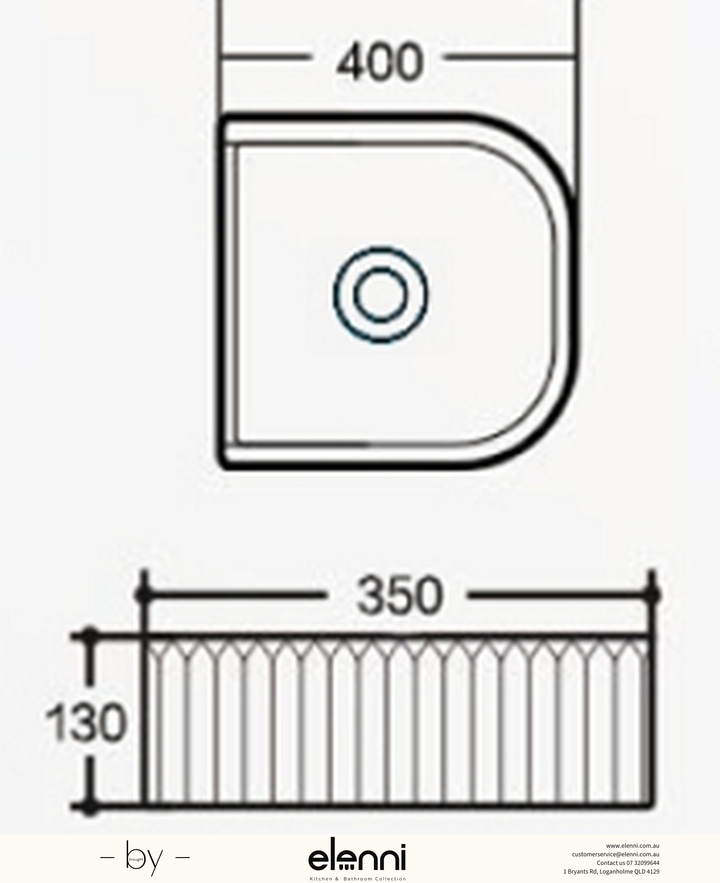 Arch Fluted Above Counter Ceramic Basin 400 x 350 x 130mm - Gloss White Elenni specification drawing