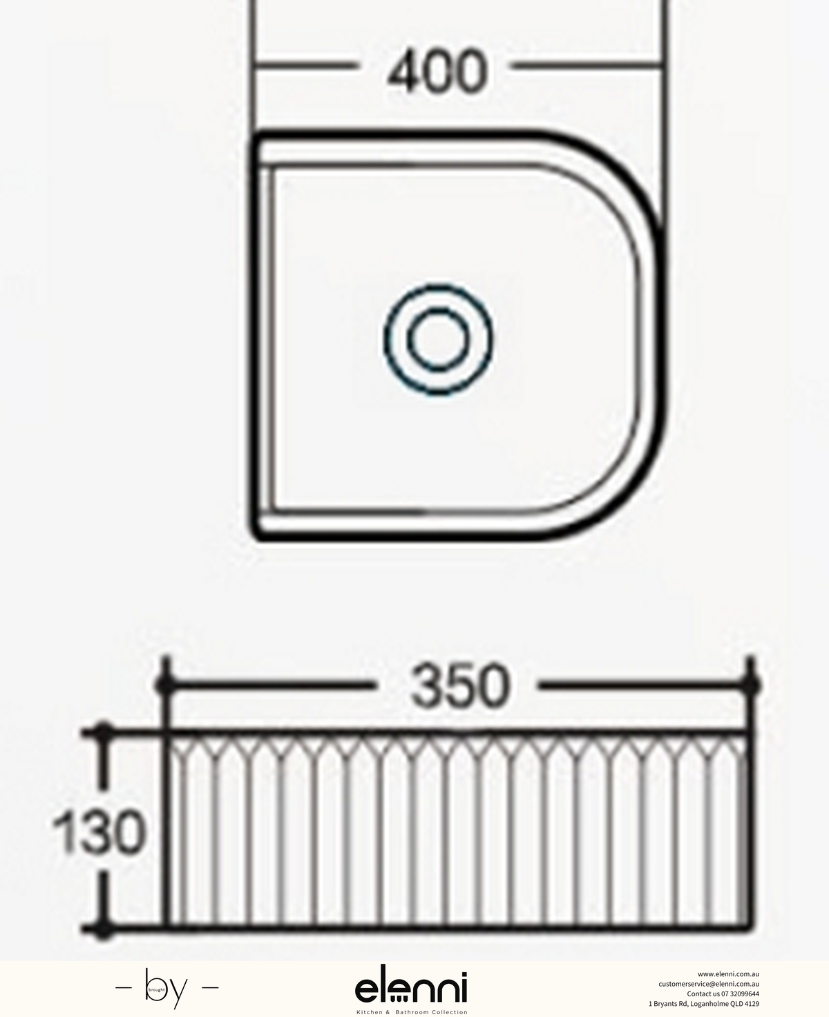 Arch Fluted Above Counter Ceramic Basin 400 x 350 x 130mm - Matte White Elenni specification drawing