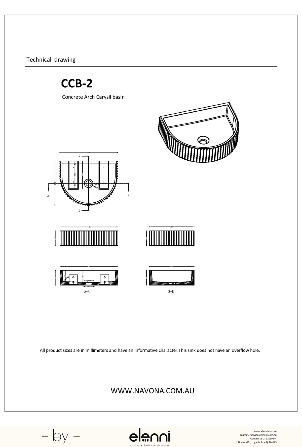 Arch Fluted Above Counter Concrete Basin - Matte White Elenni specification drawing