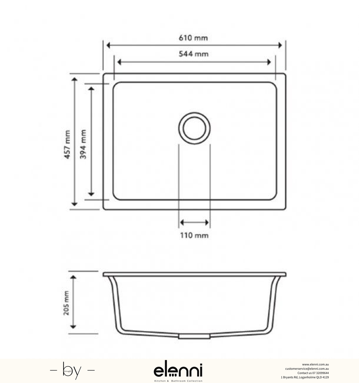 Big Bowl Single Bowl Granite Sink 610 x 457 x 205mm - Snova White Elenni specification drawing