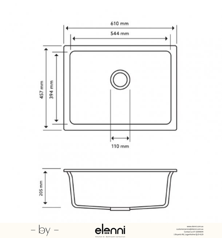 Big Bowl Single Bowl Granite Sink 610 x 457 x 205mm - Snova White Elenni specification drawing